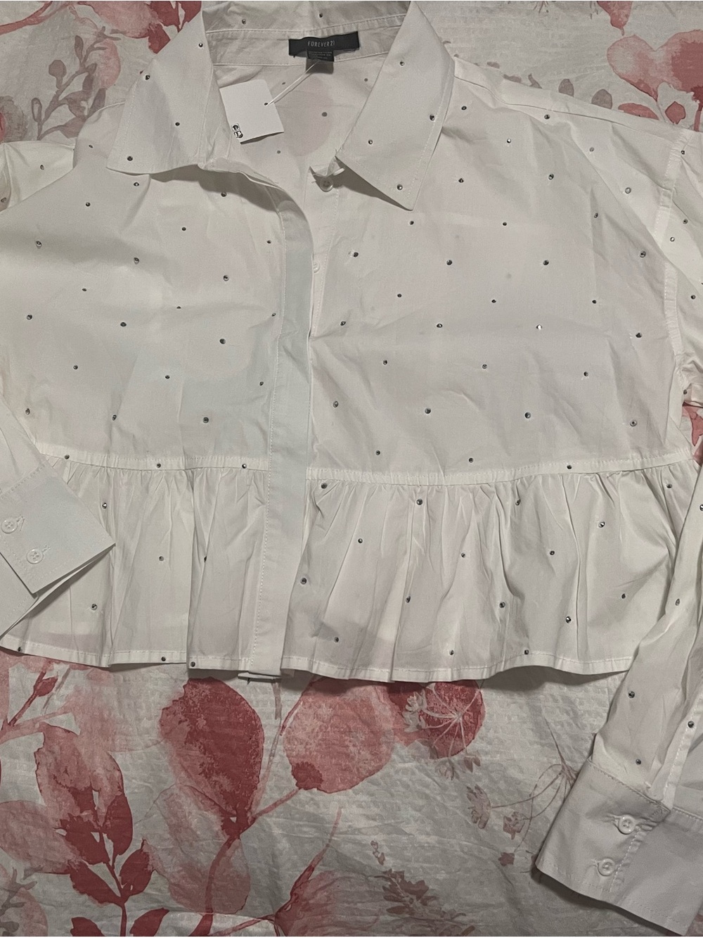 Forever 21 White Button-Down Shirt with Silver Studs and Ruffle Hem